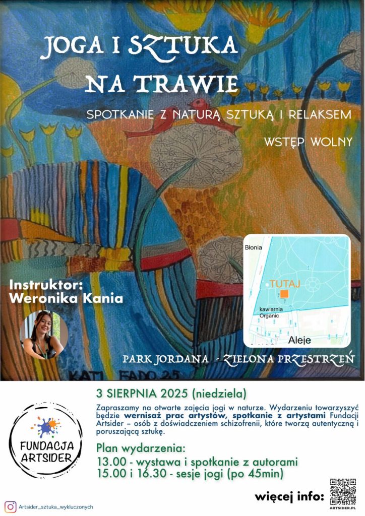 Joga i sztuka na trawie w Parku Jordana w Krakowie - plakat