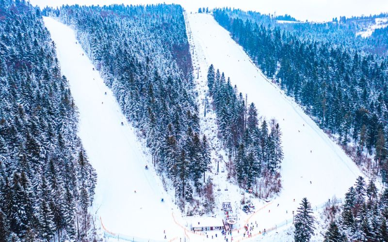 Zdjęcie przedstawia stok narciarski na Arena Myślenice