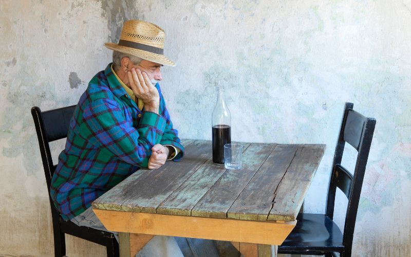 Zdjęcie przedstawia emeryta, który siedzi sam przy stole z założoną ręką i butelką