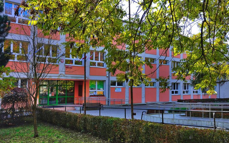 Zdjęcie przedstawia budynek szkoły obok której stoi drzewo