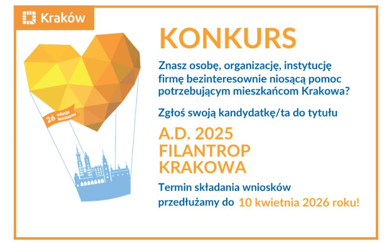 Grafika przestawia zasady konkursu na Filantropa Krakowa 2026
