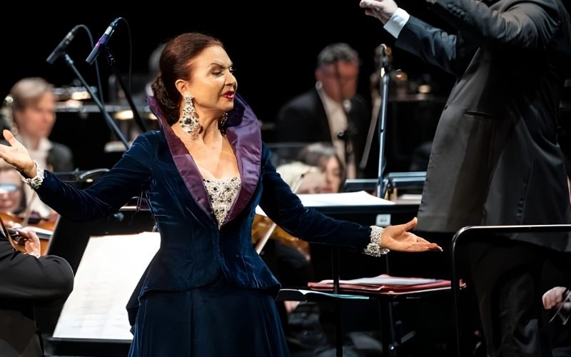 Zdjęcie przedstawia Grażynę Brodzińską w trakcie operetki na scenie