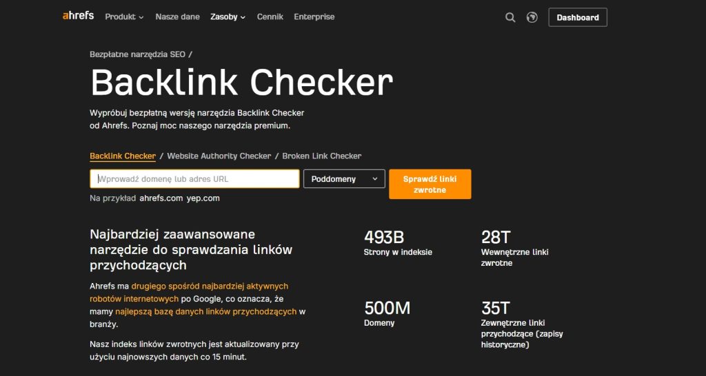 Strona główna Ahrefs Backlink Checker umożliwiająca analizę backlinków oraz domen odsyłających.