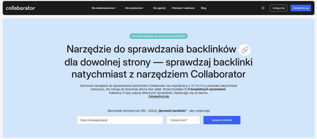 Strona główna darmowego Backlink Checkera od Collaborator umożliwiająca analizę backlinków dla domeny, subdomeny lub adresu URL.