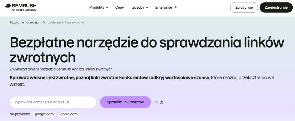 Strona główna Semrush Backlink Analytics umożliwiająca analizę backlinków, domen odsyłających i profilu linków.